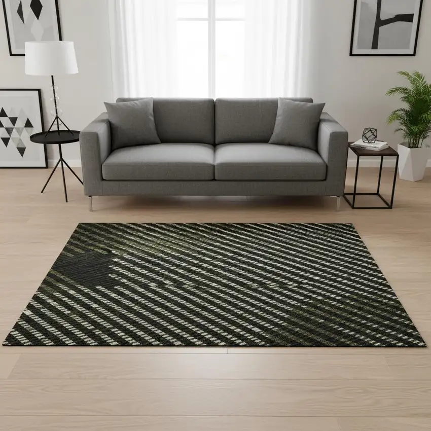 Olive Green Ivory And Charcoal Geometric Washable Area Rug With UV Protection Photo 2