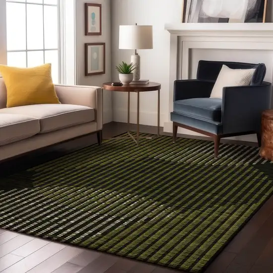 Olive Green Ivory And Charcoal Geometric Washable Area Rug With UV Protection Photo 3
