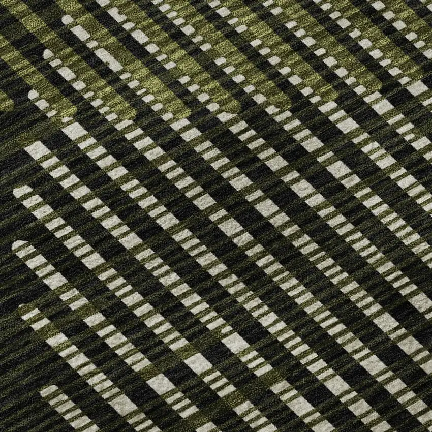 Olive Green Ivory And Charcoal Geometric Washable Area Rug With UV Protection Photo 8