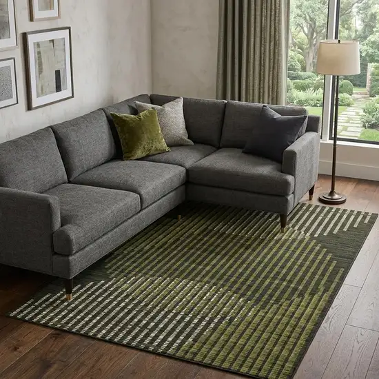 Olive Green Ivory And Charcoal Geometric Washable Area Rug With UV Protection Photo 1
