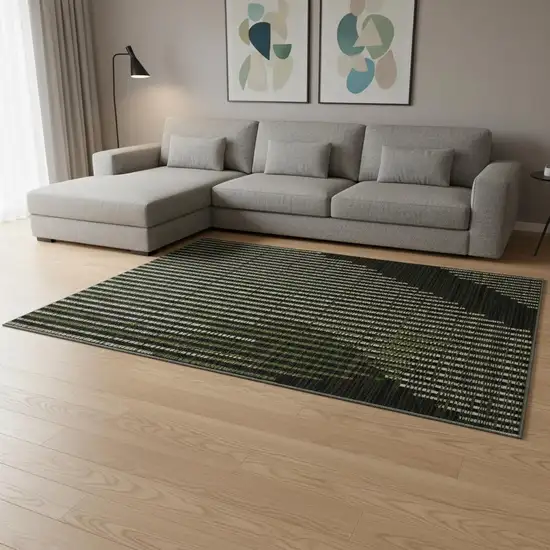 Olive Green Ivory And Charcoal Geometric Washable Area Rug With UV Protection Photo 2