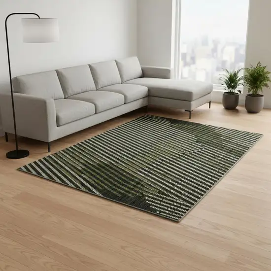 Olive Green Ivory And Charcoal Geometric Washable Area Rug With UV Protection Photo 2