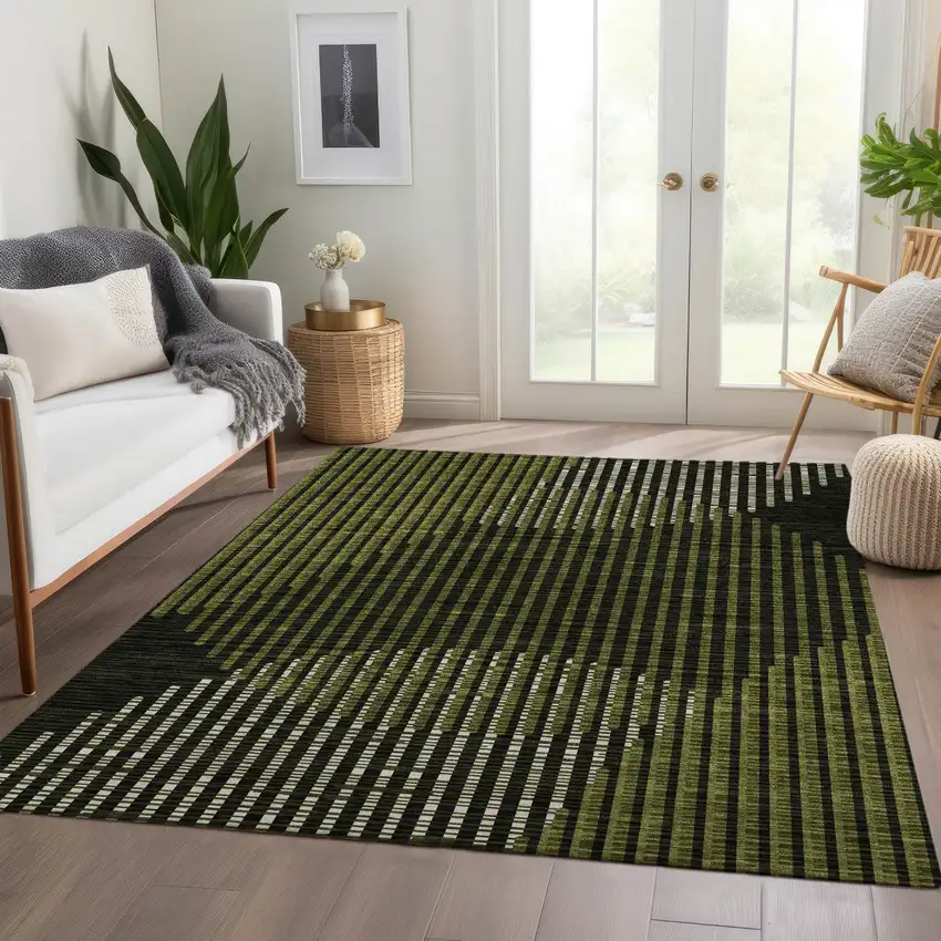 Olive Green Ivory And Charcoal Geometric Washable Area Rug With UV Protection Photo 4