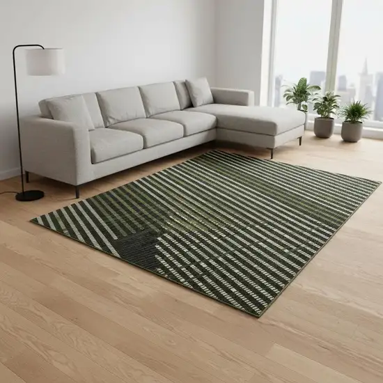 Olive Green Ivory And Charcoal Geometric Washable Area Rug With UV Protection Photo 2