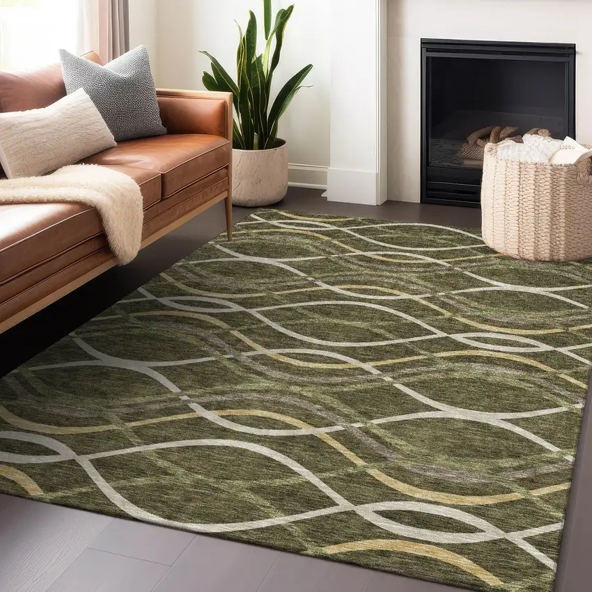 Olive Green Ivory And Gold Abstract Washable Area Rug With UV Protection Photo 6