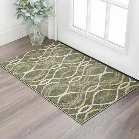 Olive Green Ivory And Gold Abstract Washable Area Rug With UV Protection Photo 2