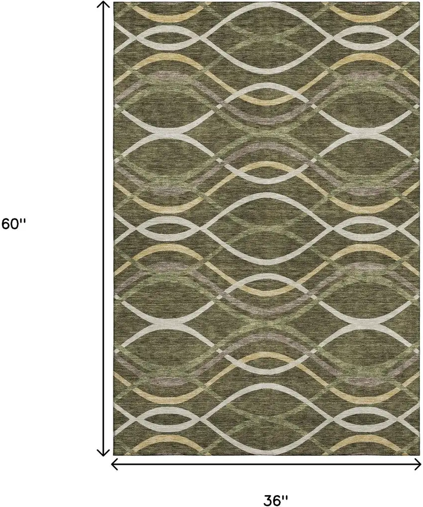 Olive Green Ivory And Gold Abstract Washable Area Rug With UV Protection Photo 3