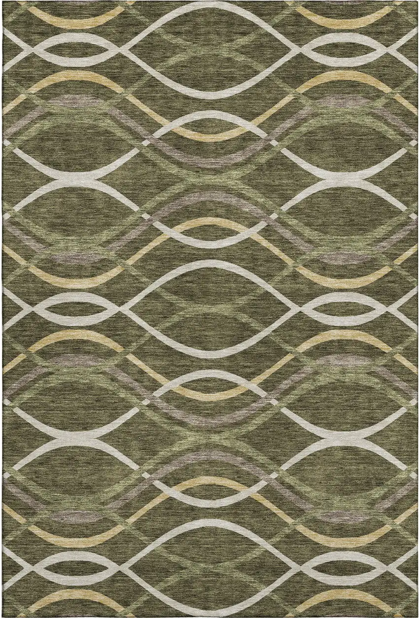 Olive Green Ivory And Gold Abstract Washable Area Rug With UV Protection Photo 1