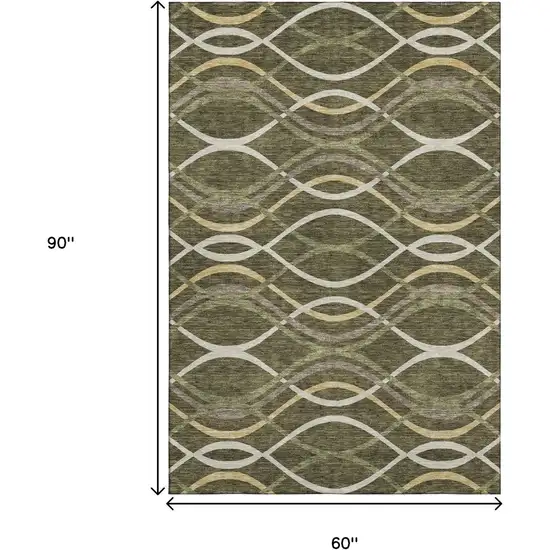 Olive Green Ivory And Gold Abstract Washable Area Rug With UV Protection Photo 3