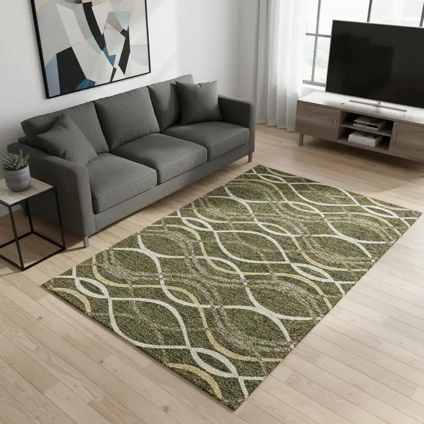 Olive Green Ivory And Gold Abstract Washable Area Rug With UV Protection Photo 2