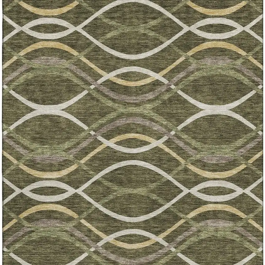 Olive Green Ivory And Gold Abstract Washable Area Rug With UV Protection Photo 4