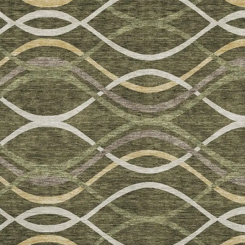 Olive Green Ivory And Gold Abstract Washable Area Rug With UV Protection Photo 3