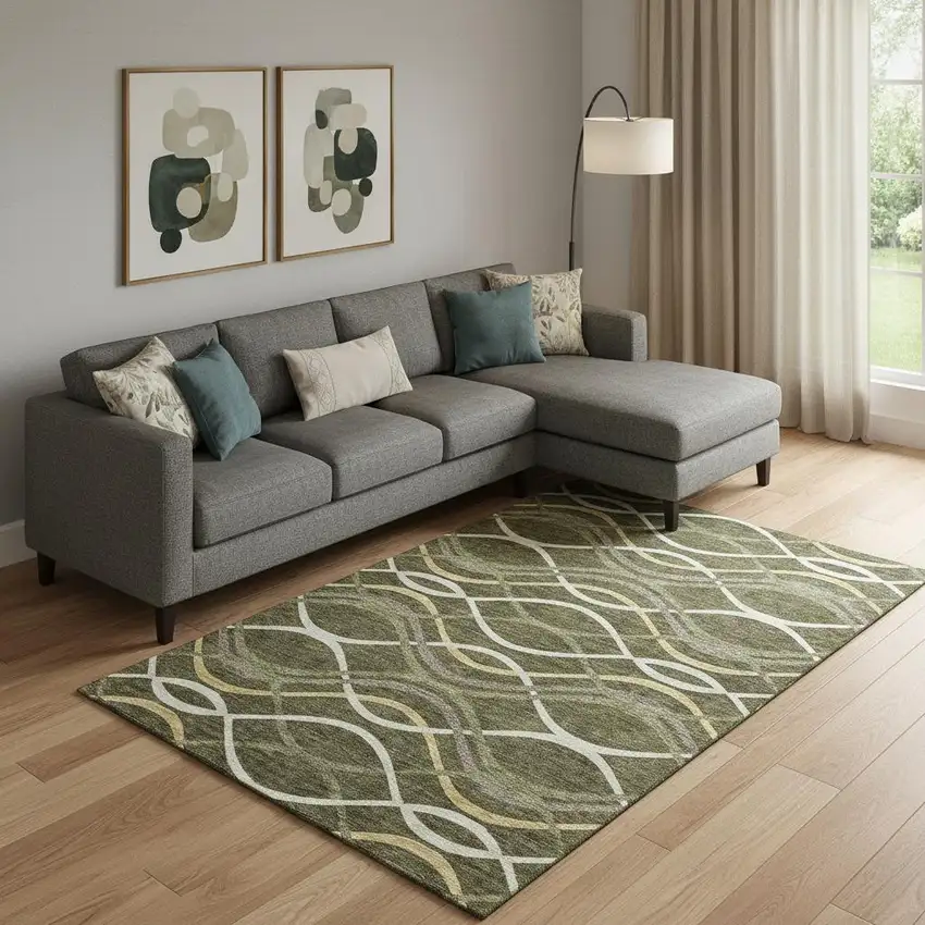 Olive Green Ivory And Gold Abstract Washable Area Rug With UV Protection Photo 1