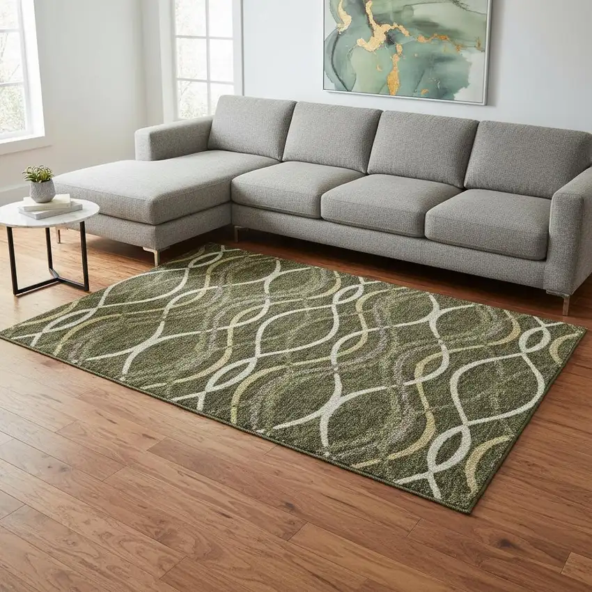 Olive Green Ivory And Gold Abstract Washable Area Rug With UV Protection Photo 2