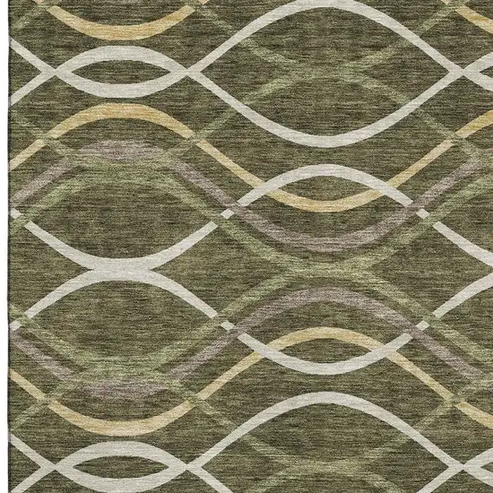 Olive Green Ivory And Gold Abstract Washable Area Rug With UV Protection Photo 3