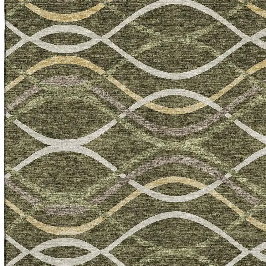Olive Green Ivory And Gold Abstract Washable Area Rug With UV Protection Photo 3