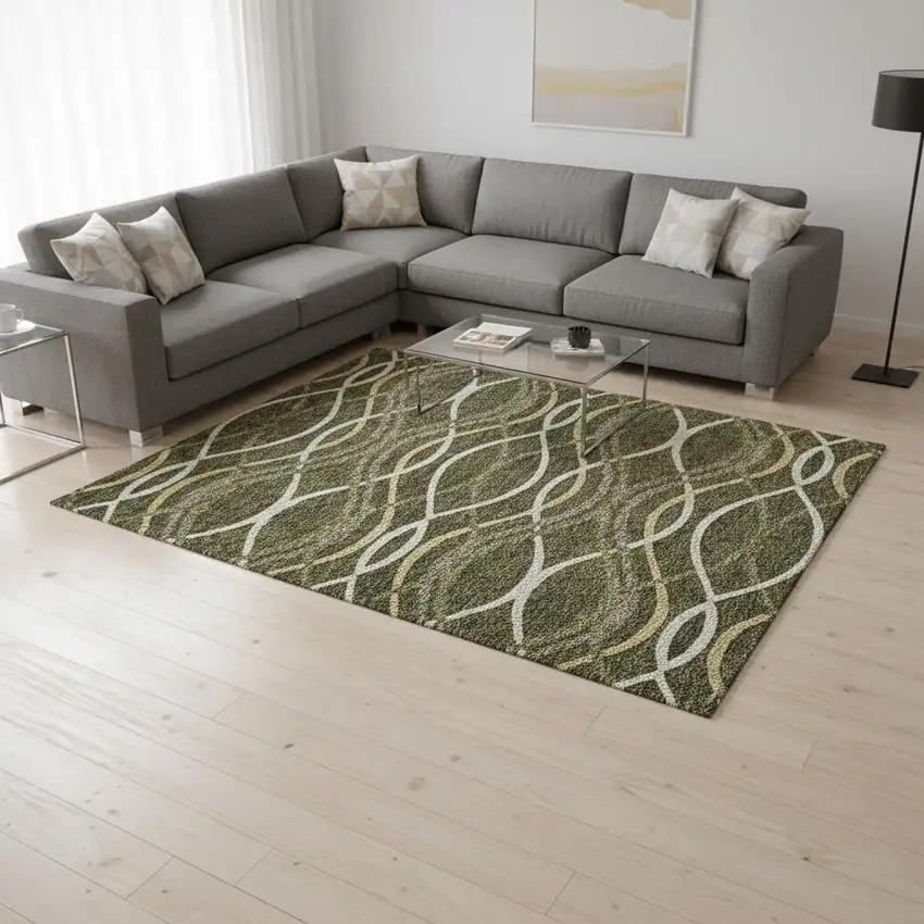 Olive Green Ivory And Gold Abstract Washable Area Rug With UV Protection Photo 2