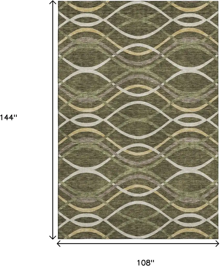 Olive Green Ivory And Gold Abstract Washable Area Rug With UV Protection Photo 3