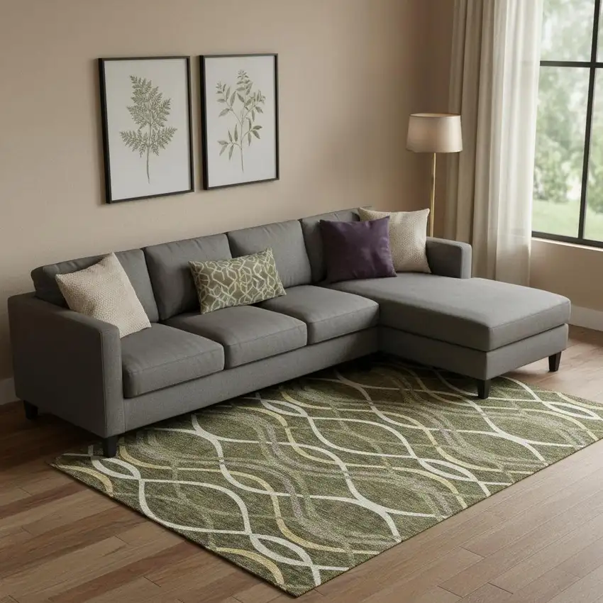 Olive Green Ivory And Gold Abstract Washable Area Rug With UV Protection Photo 1