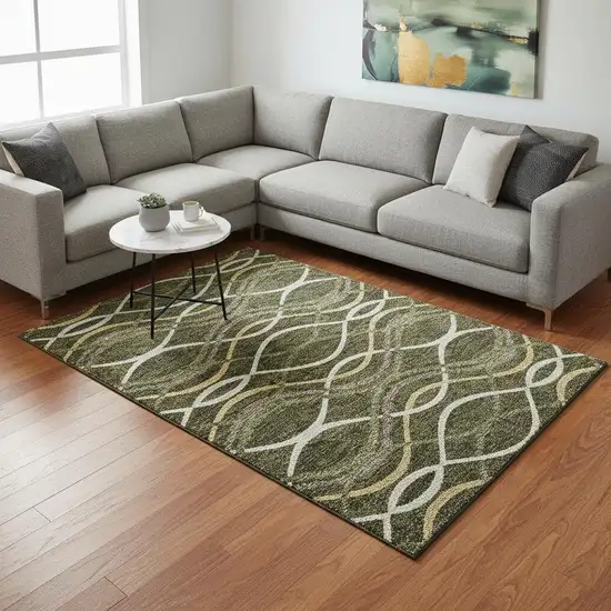 Olive Green Ivory And Gold Abstract Washable Area Rug With UV Protection Photo 2