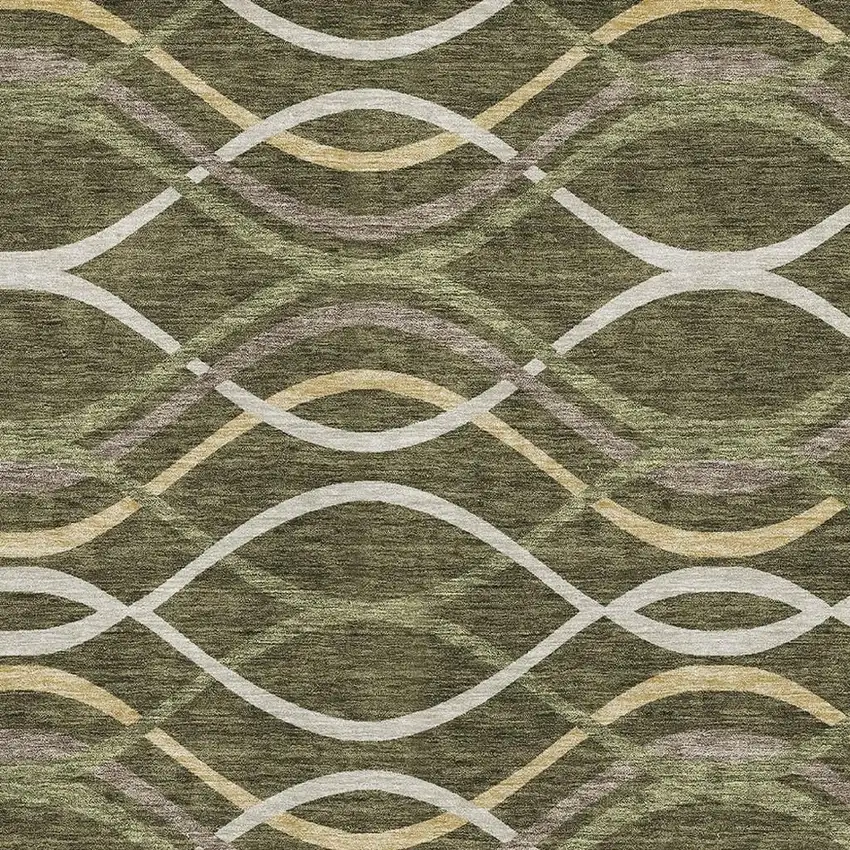 Olive Green Ivory And Gold Abstract Washable Area Rug With UV Protection Photo 3