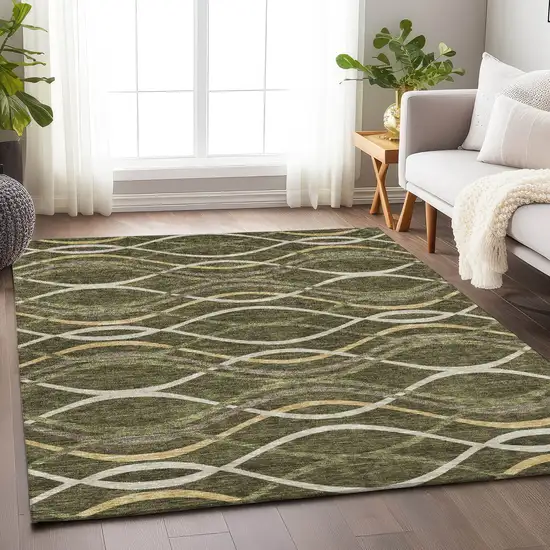 Olive Green Ivory And Gold Abstract Washable Area Rug With UV Protection Photo 5