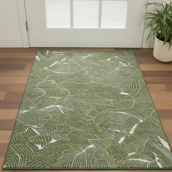 Olive Green Ivory And Gold Abstract Washable Area Rug With UV Protection Photo 2