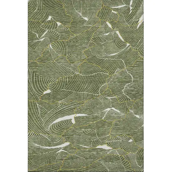 Olive Green Ivory And Gold Abstract Washable Area Rug With UV Protection Photo 3