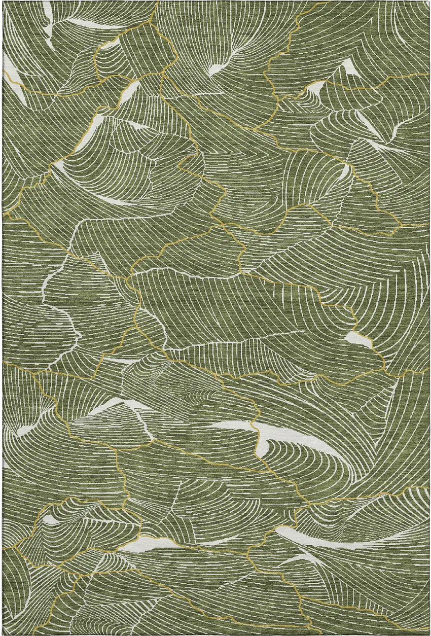 Olive Green Ivory And Gold Abstract Washable Area Rug With UV Protection Photo 1