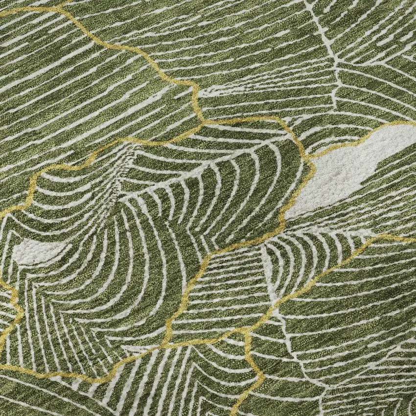 Olive Green Ivory And Gold Abstract Washable Area Rug With UV Protection Photo 9