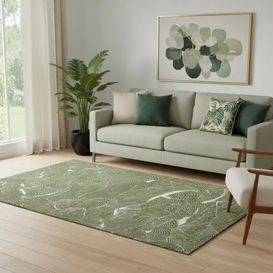 Olive Green Ivory And Gold Abstract Washable Area Rug With UV Protection Photo 2