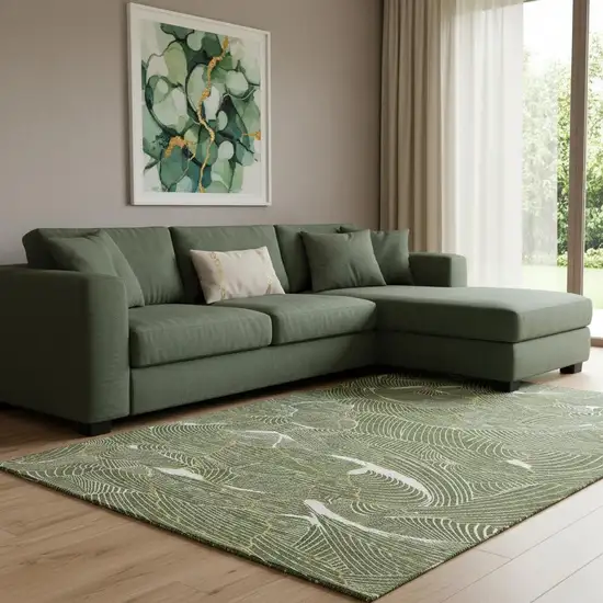 Olive Green Ivory And Gold Abstract Washable Area Rug With UV Protection Photo 2