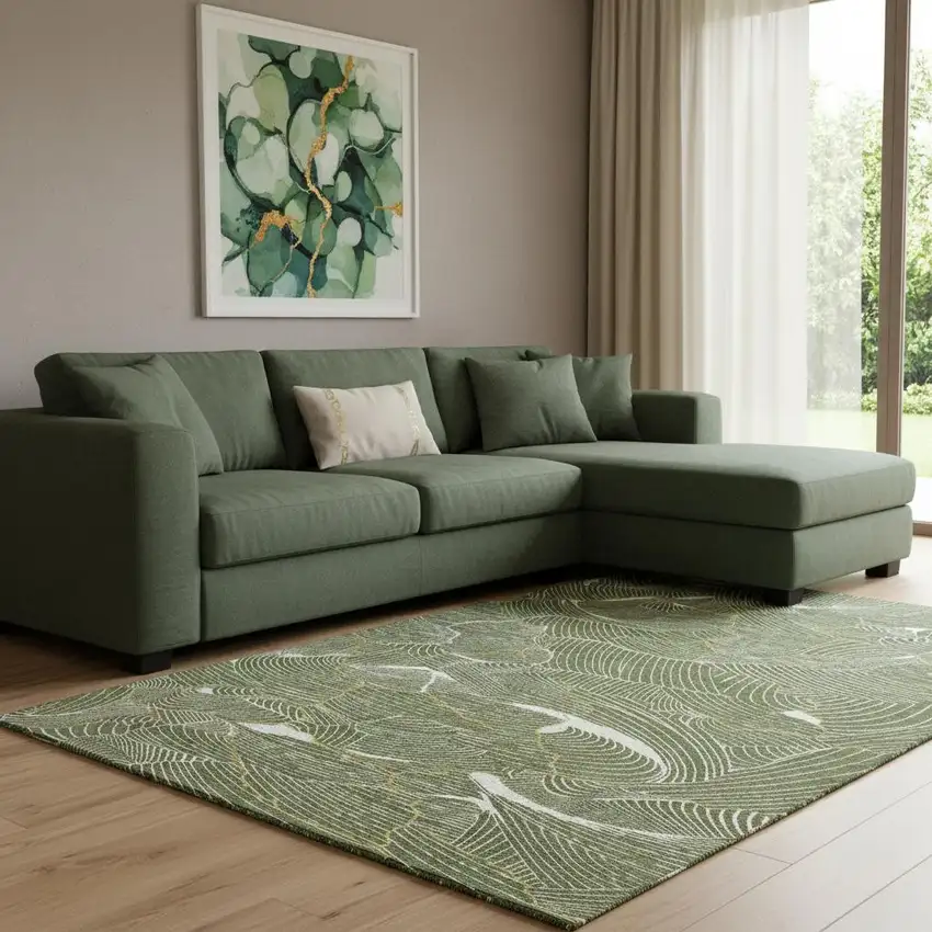 Olive Green Ivory And Gold Abstract Washable Area Rug With UV Protection Photo 2