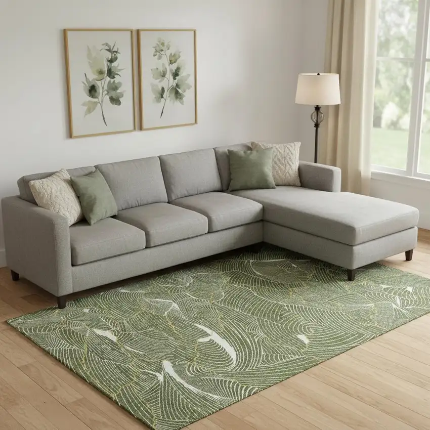 Olive Green Ivory And Gold Abstract Washable Area Rug With UV Protection Photo 2