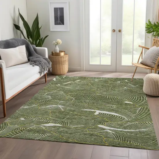 Olive Green Ivory And Gold Abstract Washable Area Rug With UV Protection Photo 5