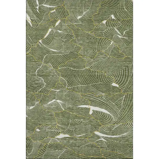 Olive Green Ivory And Gold Abstract Washable Area Rug With UV Protection Photo 1