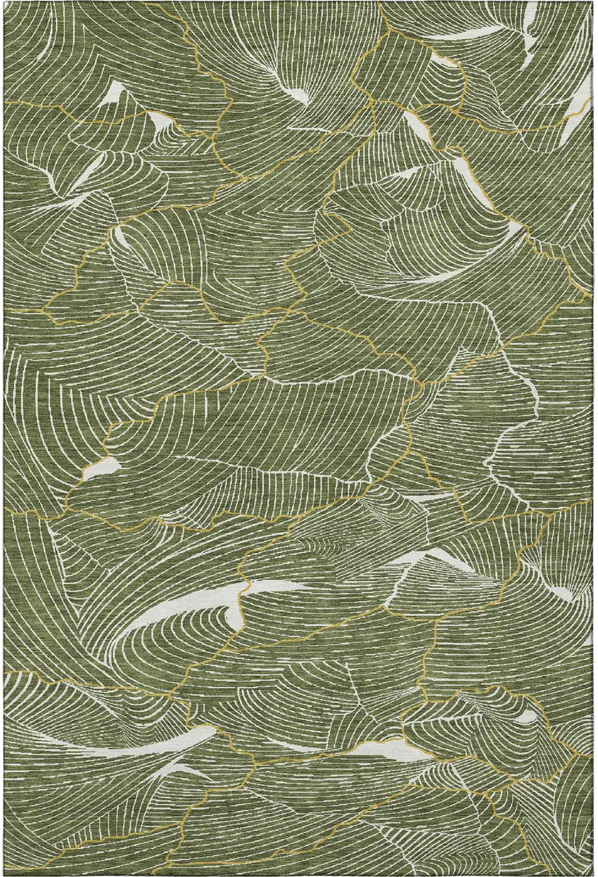 Olive Green Ivory And Gold Abstract Washable Area Rug With UV Protection Photo 3