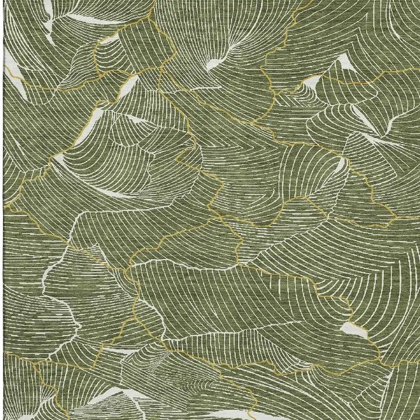 Olive Green Ivory And Gold Abstract Washable Area Rug With UV Protection Photo 2