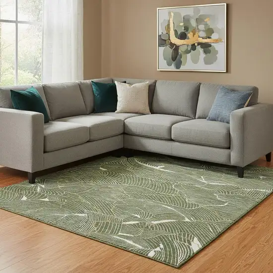 Olive Green Ivory And Gold Abstract Washable Area Rug With UV Protection Photo 2