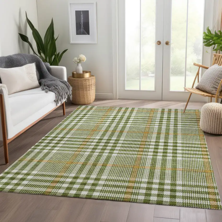 Olive Green Ivory And Gold Plaid Washable Area Rug With UV Protection Photo 5