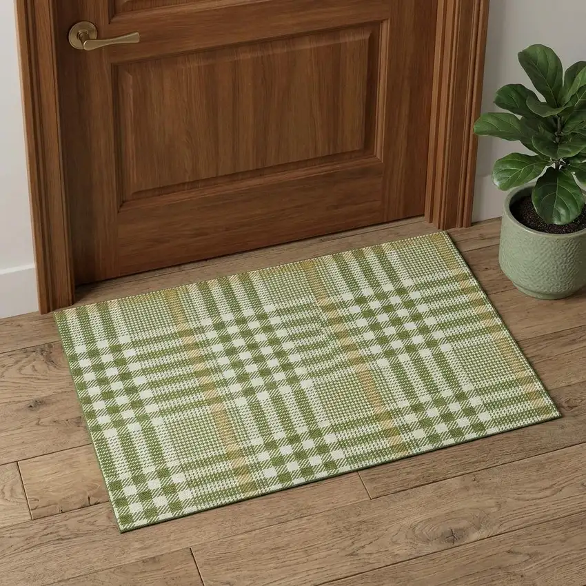 Olive Green Ivory And Gold Plaid Washable Area Rug With UV Protection Photo 1