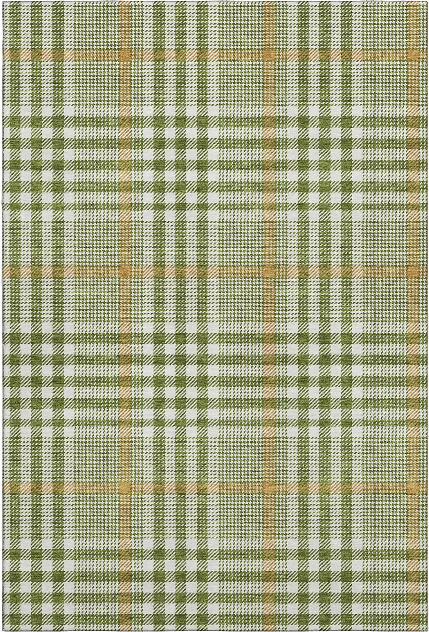 Olive Green Ivory And Gold Plaid Washable Area Rug With UV Protection Photo 1