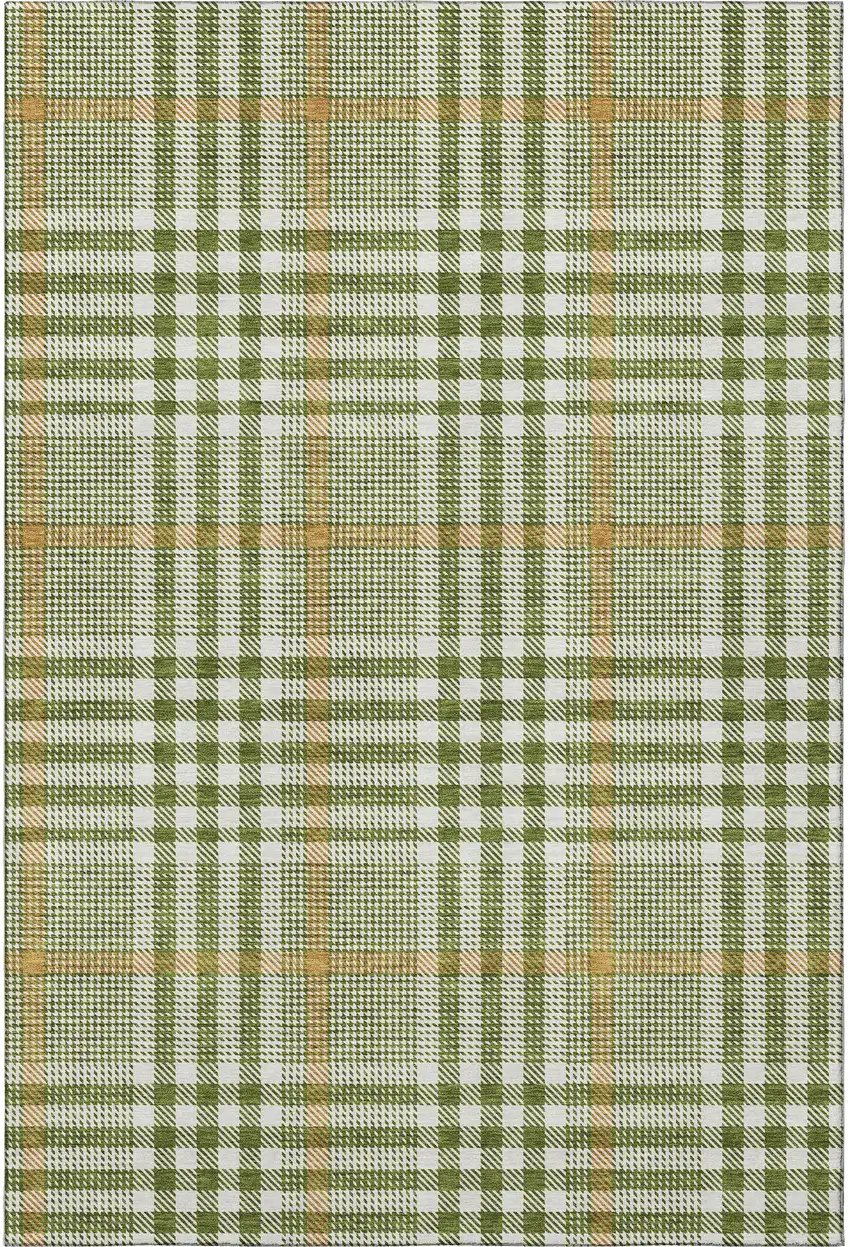 Olive Green Ivory And Gold Plaid Washable Area Rug With UV Protection Photo 3