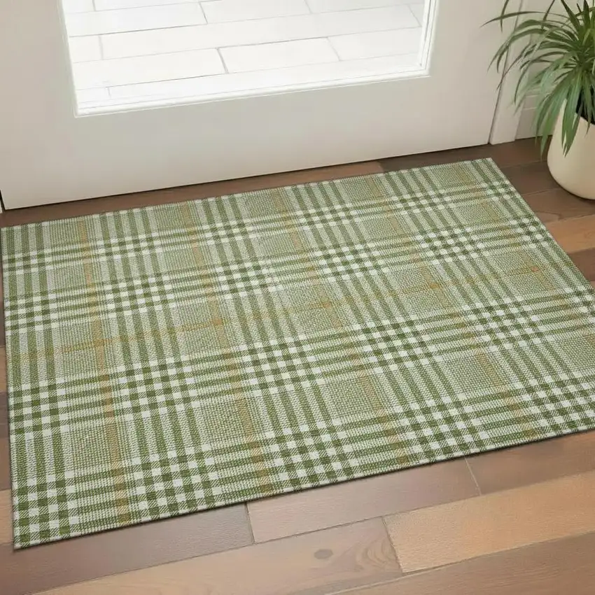 Olive Green Ivory And Gold Plaid Washable Area Rug With UV Protection Photo 2