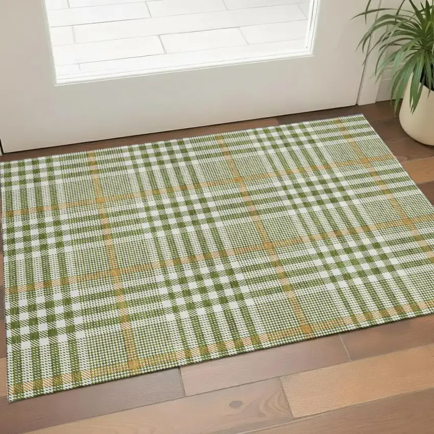 Olive Green Ivory And Gold Plaid Washable Area Rug With UV Protection Photo 1