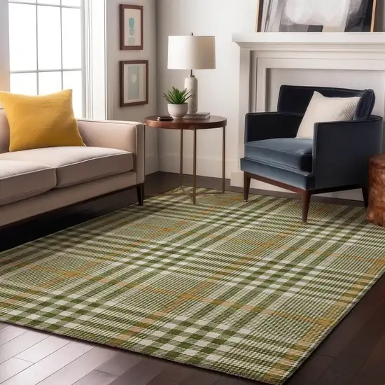 Olive Green Ivory And Gold Plaid Washable Area Rug With UV Protection Photo 4