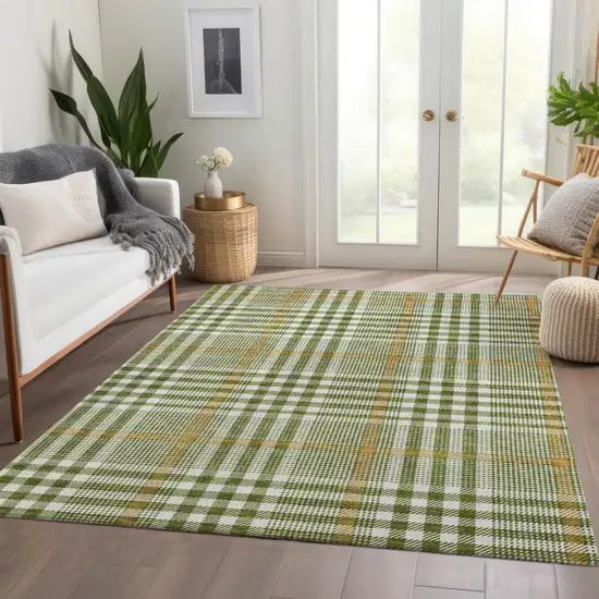 Olive Green Ivory And Gold Plaid Washable Area Rug With UV Protection Photo 5