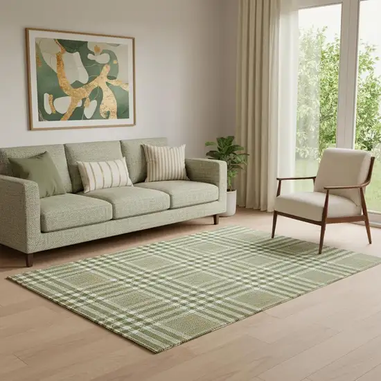 Olive Green Ivory And Gold Plaid Washable Area Rug With UV Protection Photo 2