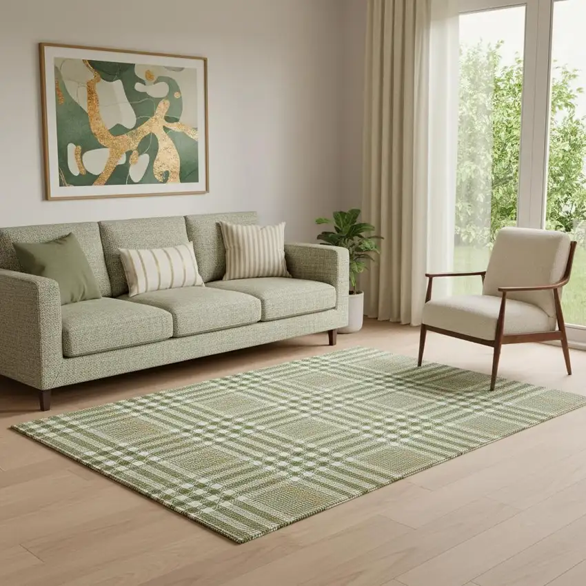 Olive Green Ivory And Gold Plaid Washable Area Rug With UV Protection Photo 2