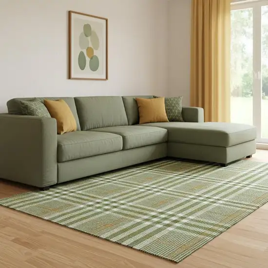 Olive Green Ivory And Gold Plaid Washable Area Rug With UV Protection Photo 2